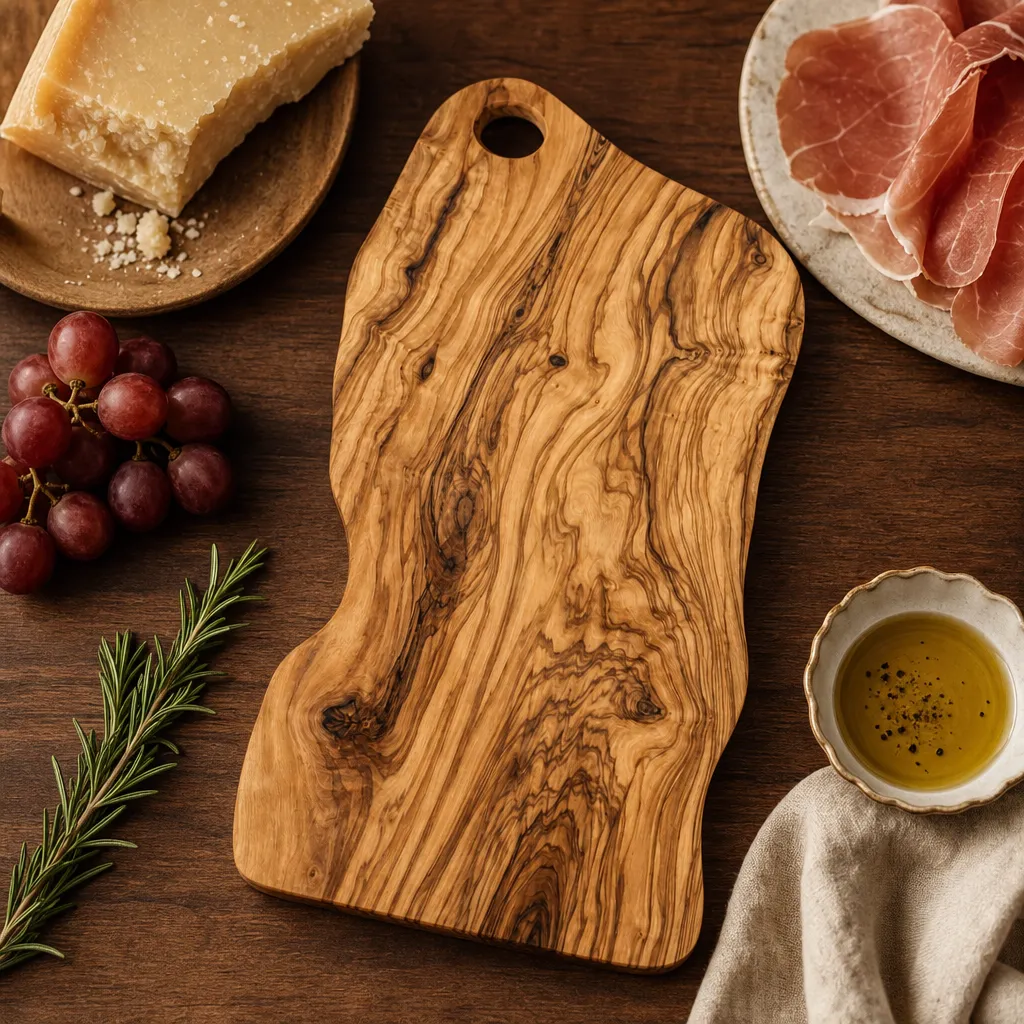 The single-slab olive wood board with cheese, grapes and olive oil