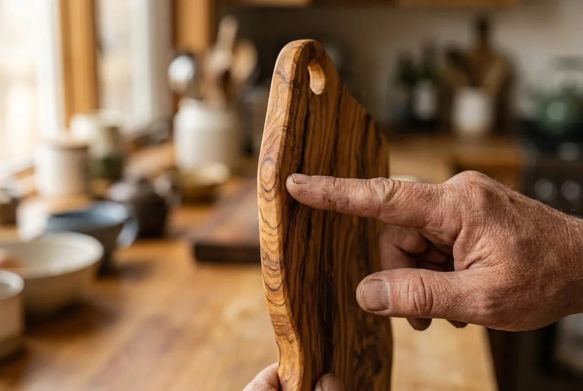 A finger following one line of grain across the edge of the board, from one face to the other