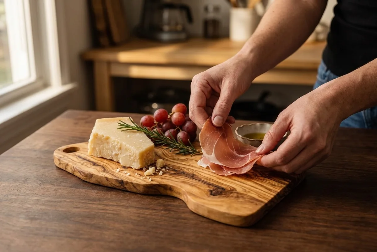 Hands arranging prosciutto, parmesan and grapes on a single-slab olive wood board