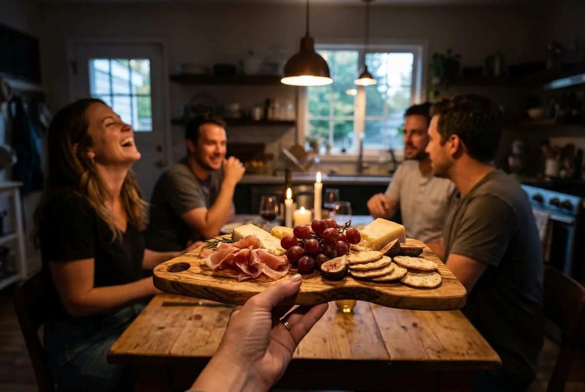 The board passed across a dinner table, loaded with charcuterie