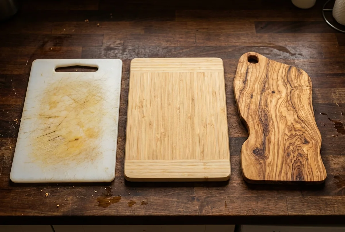 A plastic board, a bamboo board and a single-slab olive wood board side by side